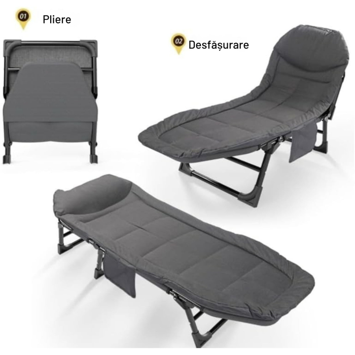 Pat de camping VarioShop, Reglabil, Buzunar depozitare, Pliabil, Sarcina maxima 120 kg, 190 x 65 x 28 cm, Gri [9]