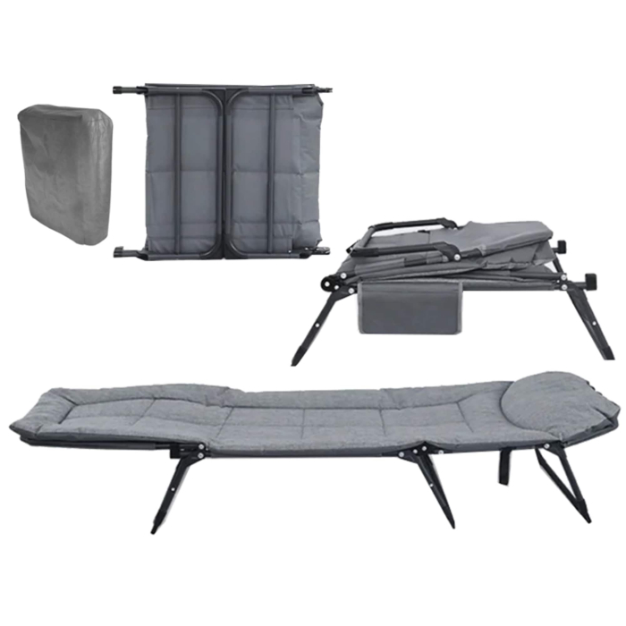 Pat de camping VarioShop, Reglabil, Buzunar depozitare, Pliabil, Sarcina maxima 120 kg, 190 x 65 x 28 cm, Gri [12]