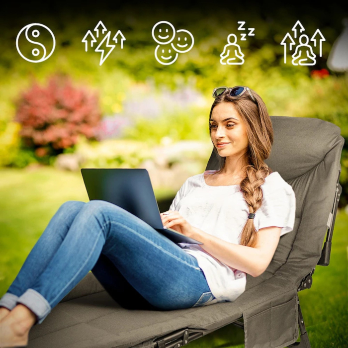 Pat de camping VarioShop, Reglabil, Buzunar depozitare, Pliabil, Sarcina maxima 120 kg, 190 x 65 x 28 cm, Gri [2]