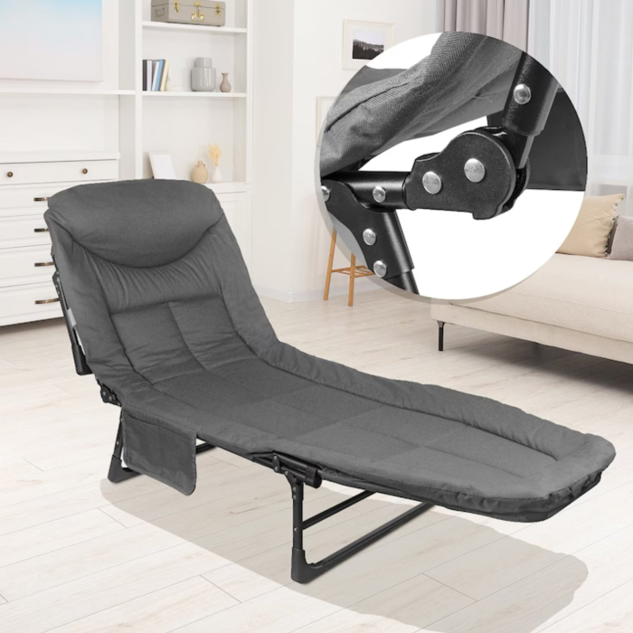 Pat de camping VarioShop, Reglabil, Buzunar depozitare, Pliabil, Sarcina maxima 120 kg, 190 x 65 x 28 cm, Gri [19]