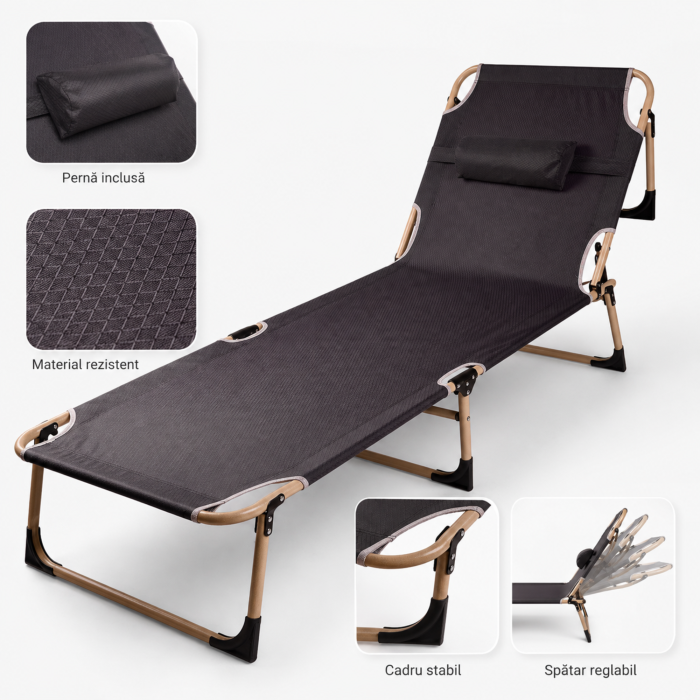 Pat pliabil VarioShop®, pentru camping, pescuit si relaxare in aer liber, cadru din otel, suport reglabil, 193 x 66 x 23 cm, gri/bej [9]