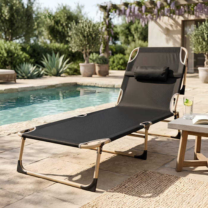 Pat pliabil VarioShop®, pentru camping, pescuit si relaxare in aer liber, cadru din otel, suport reglabil, 193 x 66 x 23 cm, gri/bej [2]