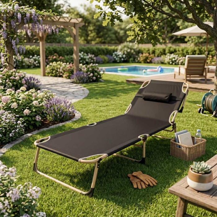 Pat pliabil VarioShop®, pentru camping, pescuit si relaxare in aer liber, cadru din otel, suport reglabil, 193 x 66 x 23 cm, gri/bej [3]