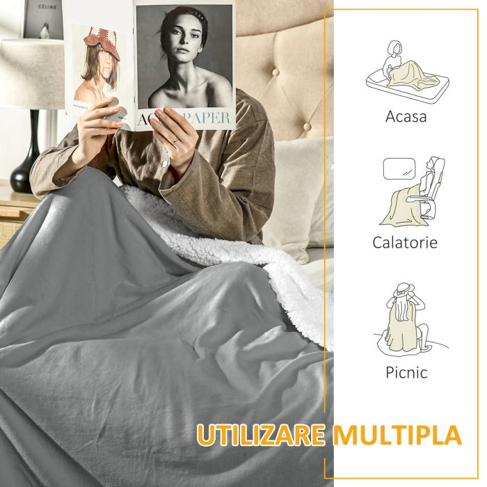 Patura groasa fata-verso 150x200 cm VarioShop®, moale, calduroasa si eleganta, ideala pentru pat sau canapea, gri [3]