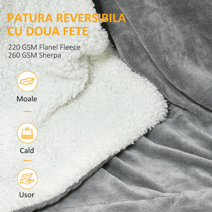 Patura groasa fata-verso 150x200 cm VarioShop®, moale, calduroasa si eleganta, ideala pentru pat sau canapea, gri [2]