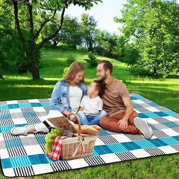 Patura pentru picnic VarioShop, Ideala pentru plaja, campare, yoga, gimnastica, picnic, Impermeabila, Folie de aluminiu, Gri cu albastru, 200 x 200 cm [9]