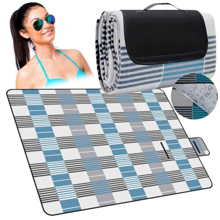 Patura pentru picnic VarioShop, Ideala pentru plaja, campare, yoga, gimnastica, picnic, Impermeabila, Folie de aluminiu, Gri cu albastru, 200 x 200 cm [10]