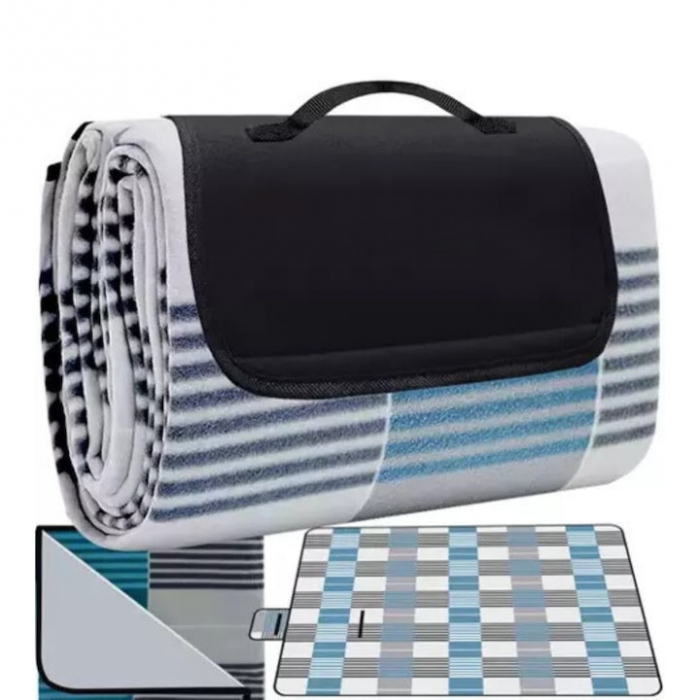 Patura pentru picnic VarioShop, Ideala pentru plaja, campare, yoga, gimnastica, picnic, Impermeabila, Folie de aluminiu, Gri cu albastru, 200 x 200 cm [11]