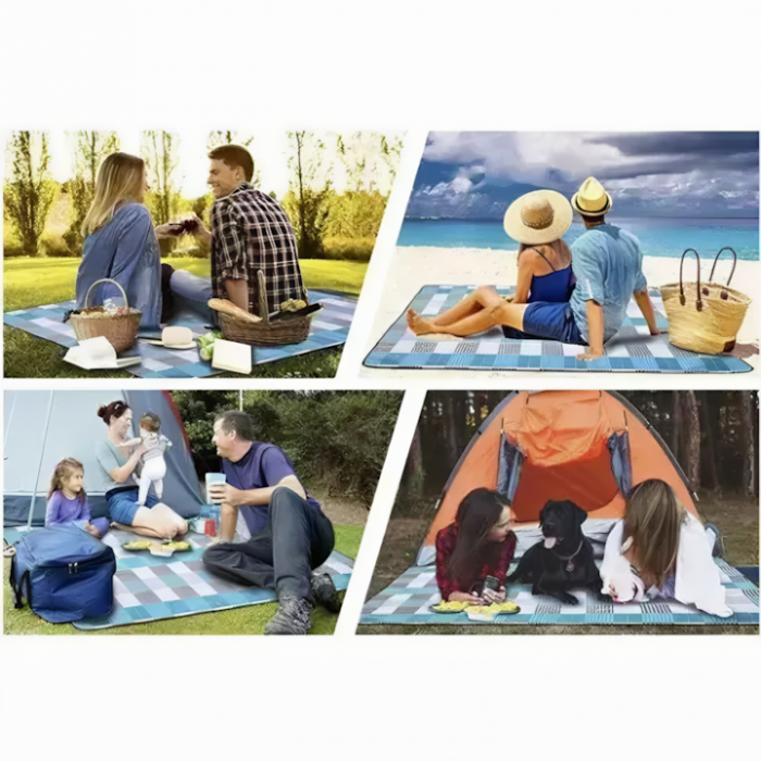 Patura pentru picnic VarioShop, Ideala pentru plaja, campare, yoga, gimnastica, picnic, Impermeabila, Folie de aluminiu, Gri cu albastru, 200 x 200 cm [8]