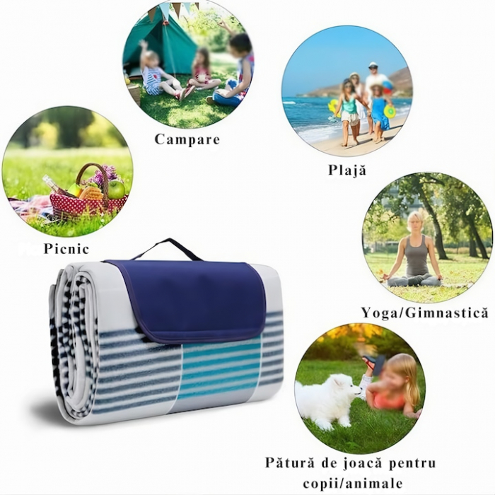 Patura pentru picnic VarioShop, Ideala pentru plaja, campare, yoga, gimnastica, picnic, Impermeabila, Folie de aluminiu, Gri cu albastru, 200 x 200 cm [4]