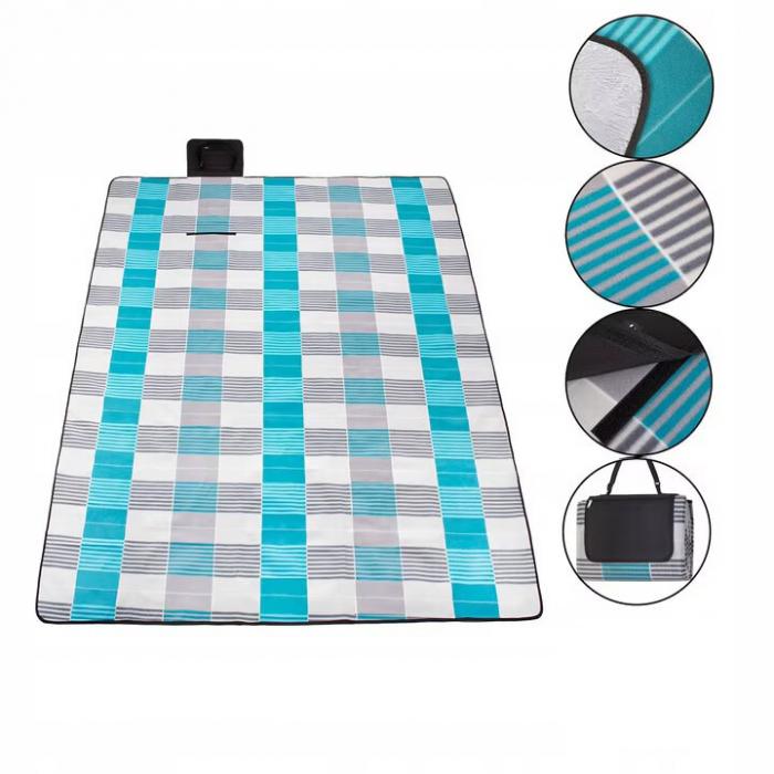 Patura pentru picnic VarioShop, Ideala pentru plaja, campare, yoga, gimnastica, picnic, Impermeabila, Folie de aluminiu, Gri cu albastru, 200 x 200 cm [13]