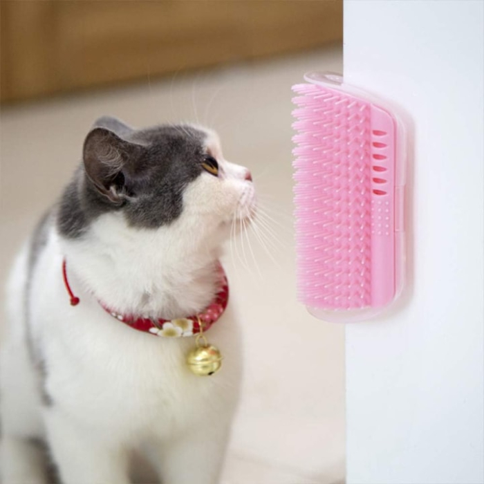 Perie de colt pentru zgariat pisici VarioShop®, cu catnip inclus, montare universala, usor de curatat, ideala pentru joaca si ingrijirea blanii, Roz [2]