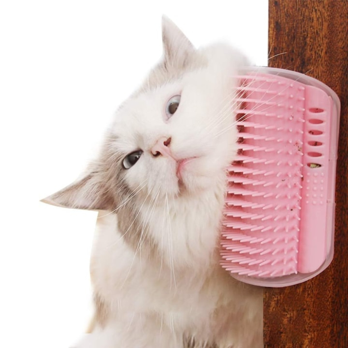 Perie de colt pentru zgariat pisici VarioShop®, cu catnip inclus, montare universala, usor de curatat, ideala pentru joaca si ingrijirea blanii, Roz [3]