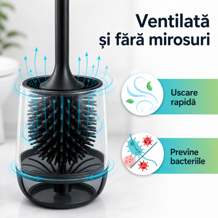 Perie de toaleta VarioShop®, pentru baie si WC, cu rezervor pentru solutie, suport suspendat, cap din cauciuc, tava detasabila, negru, 43 x 10 x 10 cm [3]