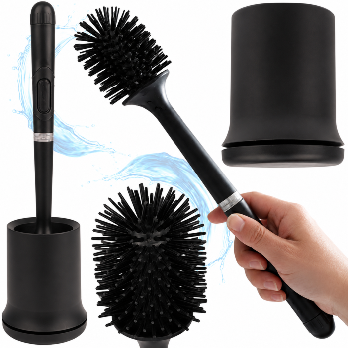 Perie de toaleta VarioShop®, pentru baie si WC, cu rezervor pentru solutie, suport suspendat, cap din cauciuc, tava detasabila, negru, 43 x 10 x 10 cm [10]