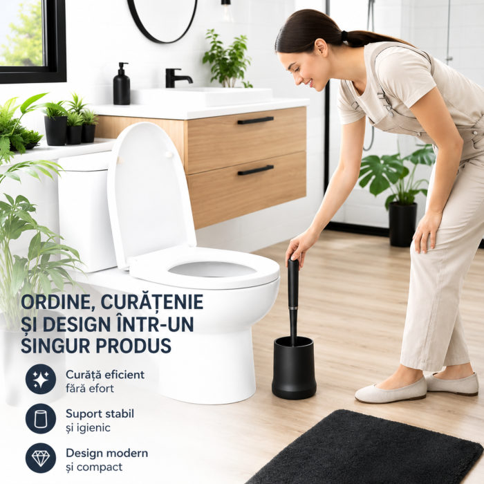 Perie de toaleta VarioShop®, pentru baie si WC, cu rezervor pentru solutie, suport suspendat, cap din cauciuc, tava detasabila, negru, 43 x 10 x 10 cm [7]