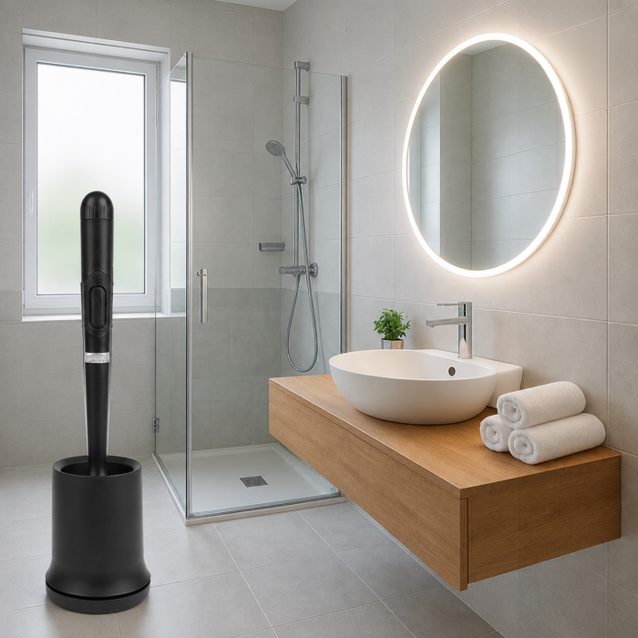 Perie de toaleta VarioShop®, pentru baie si WC, cu rezervor pentru solutie, suport suspendat, cap din cauciuc, tava detasabila, negru, 43 x 10 x 10 cm [9]