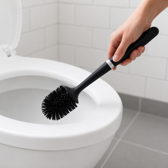 Perie de toaleta VarioShop®, pentru baie si WC, cu rezervor pentru solutie, suport suspendat, cap din cauciuc, tava detasabila, negru, 43 x 10 x 10 cm [12]