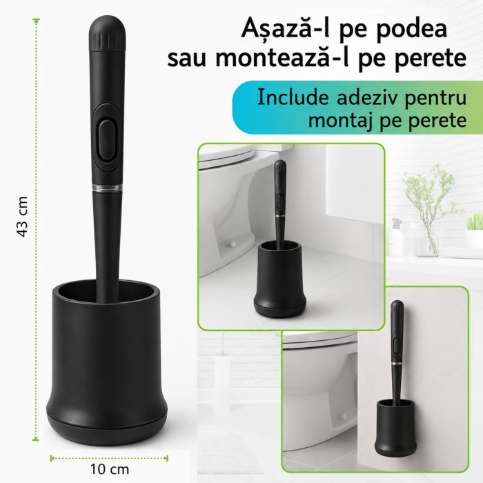 Perie de toaleta VarioShop®, pentru baie si WC, cu rezervor pentru solutie, suport suspendat, cap din cauciuc, tava detasabila, negru, 43 x 10 x 10 cm [8]