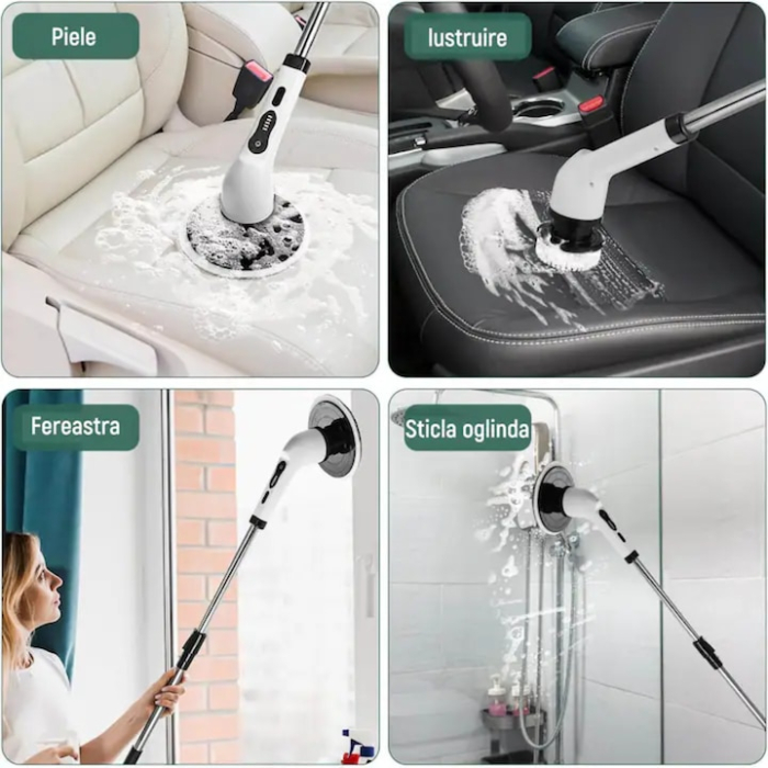 Perie electrica de curatat 7 in 1 VarioShop®, Maner Extensibil, Fara Fir, 2 viteze, Accesorii pentru Dus baie, Bucatarie, Cada, Gresie, Perete, Ferestre, Alte suprafete,  Alb [10]