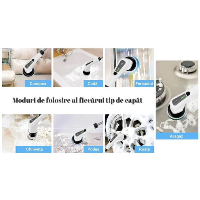 Perie electrica de curatat 7 in 1 VarioShop®, Maner Extensibil, Fara Fir, 2 viteze, Accesorii pentru Dus baie, Bucatarie, Cada, Gresie, Perete, Ferestre, Alte suprafete,  Alb [12]