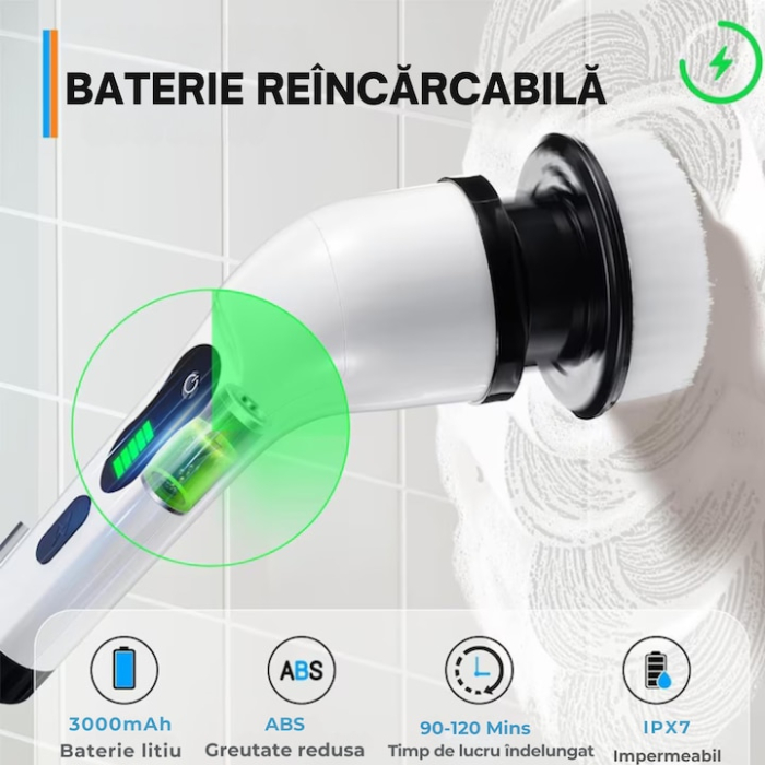 Perie electrica de curatat 7 in 1 VarioShop®, Maner Extensibil, Fara Fir, 2 viteze, Accesorii pentru Dus baie, Bucatarie, Cada, Gresie, Perete, Ferestre, Alte suprafete,  Alb [2]