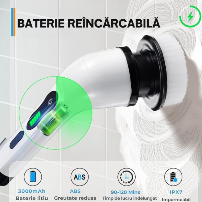 Perie electrica de curatat VarioShop®, Aparat Reincarcabil cu 9 Capete Interschimbabile, Fara Fir, 2 viteze, Zgomot Redus, Baterie 2600mAh, Alb [2]