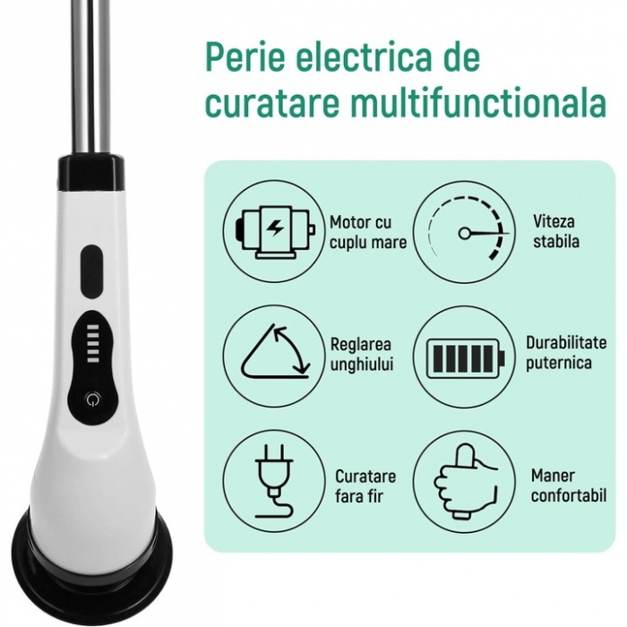 Perie electrica de curatat VarioShop®, Aparat Reincarcabil cu 9 Capete Interschimbabile, Fara Fir, 2 viteze, Zgomot Redus, Baterie 2600mAh, Alb [10]