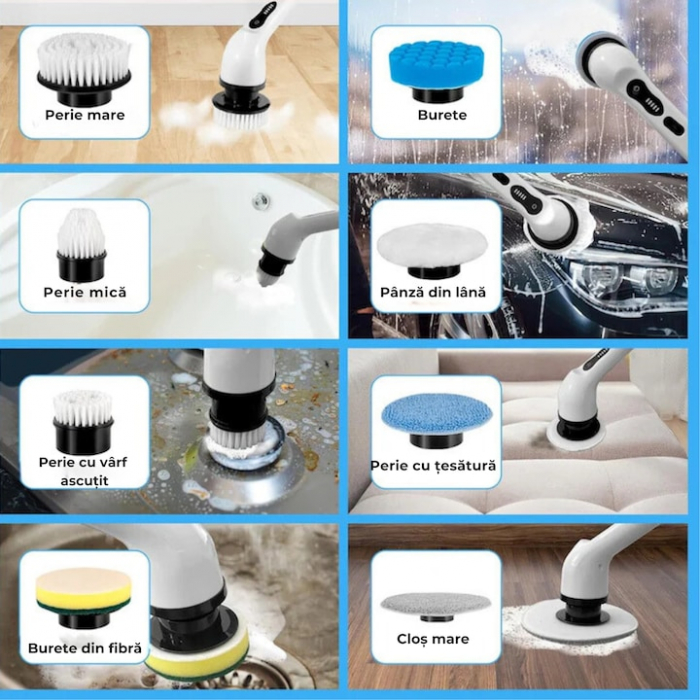 Perie electrica de curatat VarioShop®, Aparat Reincarcabil cu 9 Capete Interschimbabile, Fara Fir, 2 viteze, Zgomot Redus, Baterie 2600mAh, Alb [4]