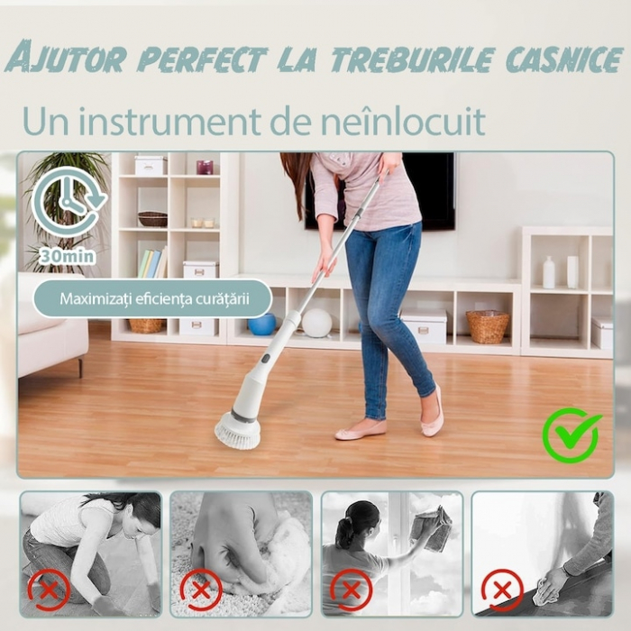 Perie Electrica Rotativa VarioShop®, 6 Capete Inlocuibile, pentru Zone Inaccesibile, Maner Extensibil, Baterie Reincarcabila, Rezistenta la Apa, Alb [8]
