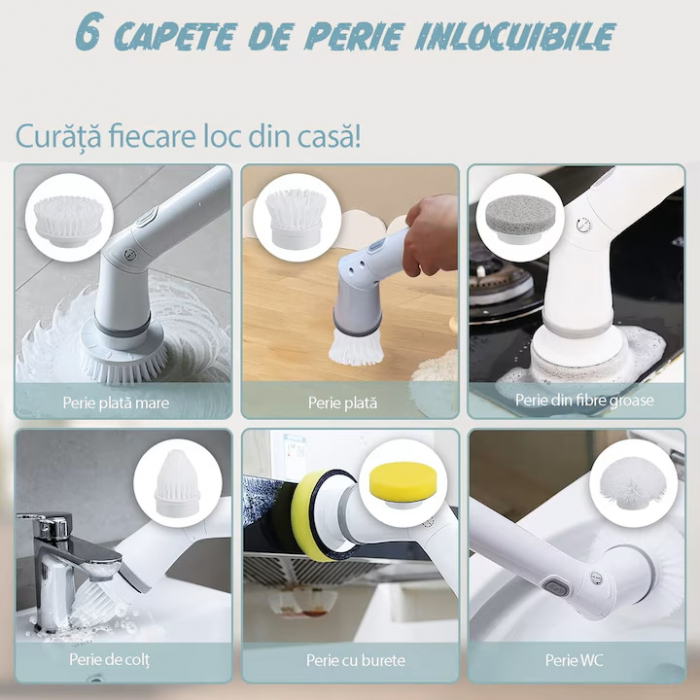 Perie Electrica Rotativa VarioShop®, 6 Capete Inlocuibile, pentru Zone Inaccesibile, Maner Extensibil, Baterie Reincarcabila, Rezistenta la Apa, Alb [2]