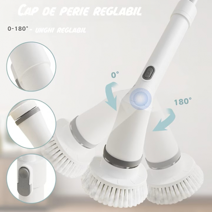 Perie Electrica Rotativa VarioShop®, 6 Capete Inlocuibile, pentru Zone Inaccesibile, Maner Extensibil, Baterie Reincarcabila, Rezistenta la Apa, Alb [3]
