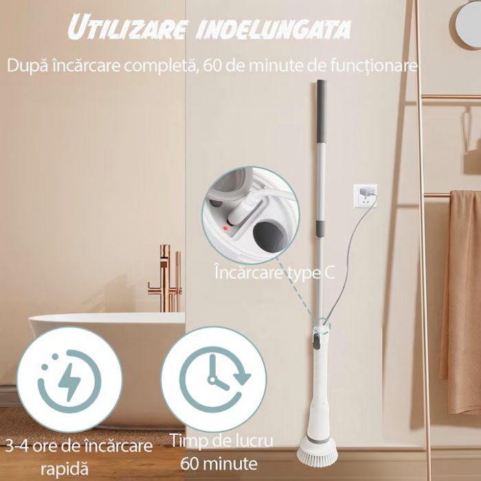 Perie Electrica Rotativa VarioShop®, 6 Capete Inlocuibile, pentru Zone Inaccesibile, Maner Extensibil, Baterie Reincarcabila, Rezistenta la Apa, Alb [6]
