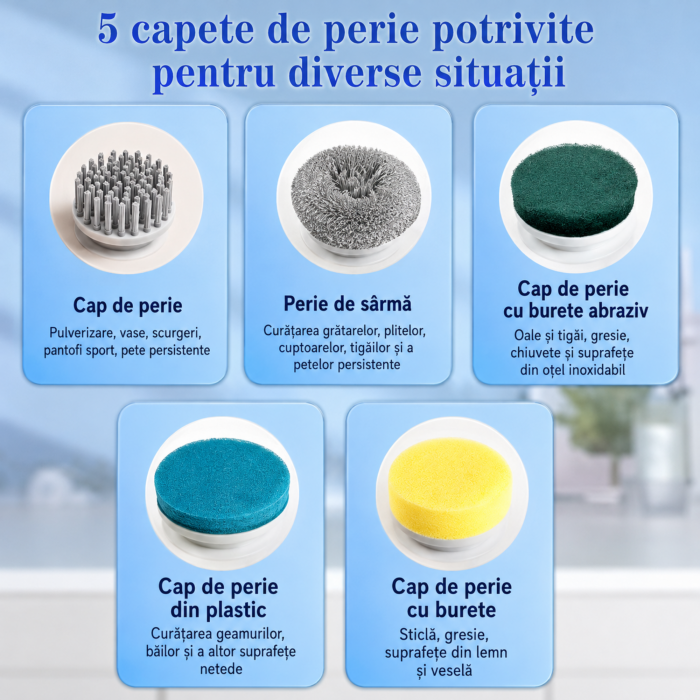 Perie electrica rotativa VarioShop®, fara fir, 5 capete incluse, 3 viteze, display LED, incarcare USB, rezistenta la apa, pentru bucatarie si baie, albastru [2]