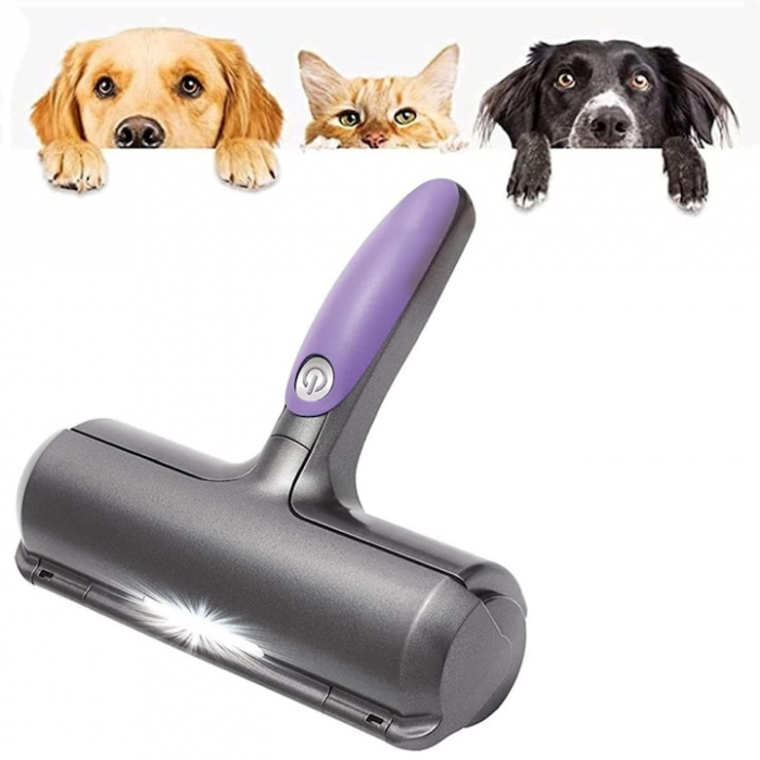 Perie pentru curatarea parului de animale VarioShop®, cu lumina LED, curatare rapida, reutilizabila, 19 x 7.5 cm, Gri/Mov [21]