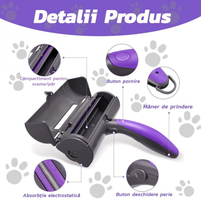 Perie pentru curatarea parului de animale VarioShop®, cu lumina LED, curatare rapida, reutilizabila, 19 x 7.5 cm, Gri/Mov [6]