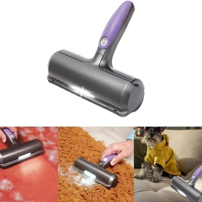 Perie pentru curatarea parului de animale VarioShop®, cu lumina LED, curatare rapida, reutilizabila, 19 x 7.5 cm, Gri/Mov [15]