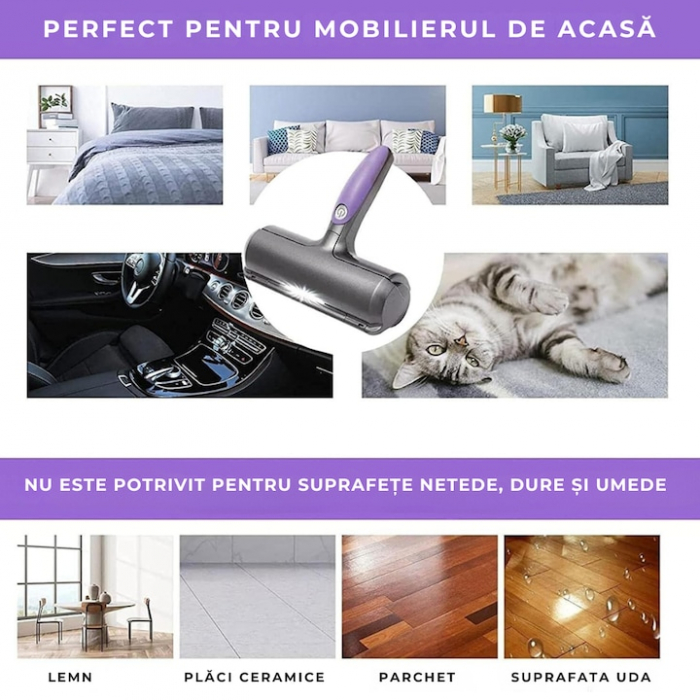 Perie pentru curatarea parului de animale VarioShop®, cu lumina LED, curatare rapida, reutilizabila, 19 x 7.5 cm, Gri/Mov [8]