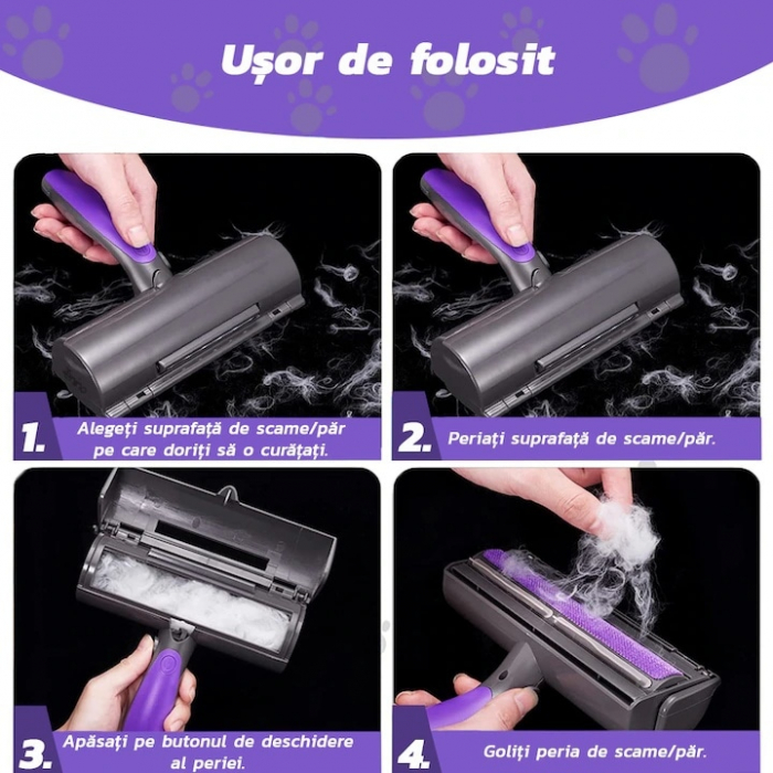 Perie pentru curatarea parului de animale VarioShop®, cu lumina LED, curatare rapida, reutilizabila, 19 x 7.5 cm, Gri/Mov [5]