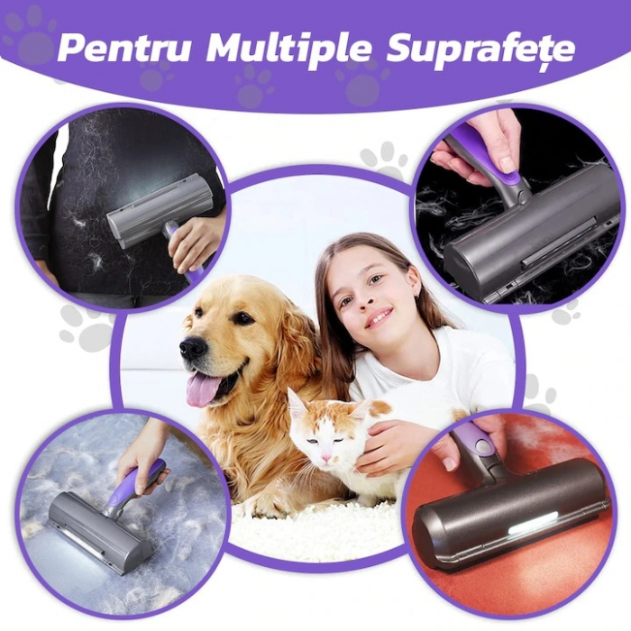 Perie pentru curatarea parului de animale VarioShop®, cu lumina LED, curatare rapida, reutilizabila, 19 x 7.5 cm, Gri/Mov [2]