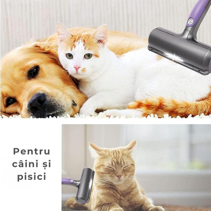Perie pentru curatarea parului de animale VarioShop®, cu lumina LED, curatare rapida, reutilizabila, 19 x 7.5 cm, Gri/Mov [11]