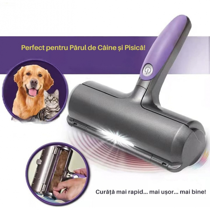 Perie pentru curatarea parului de animale VarioShop®, cu lumina LED, curatare rapida, reutilizabila, 19 x 7.5 cm, Gri/Mov [10]