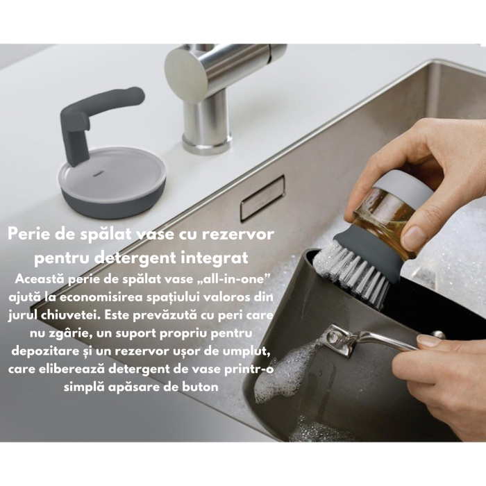 Perie pentru spalat vase VarioShop®, cu rezervor pentru detergent, universala, suport inclus, Gri [2]
