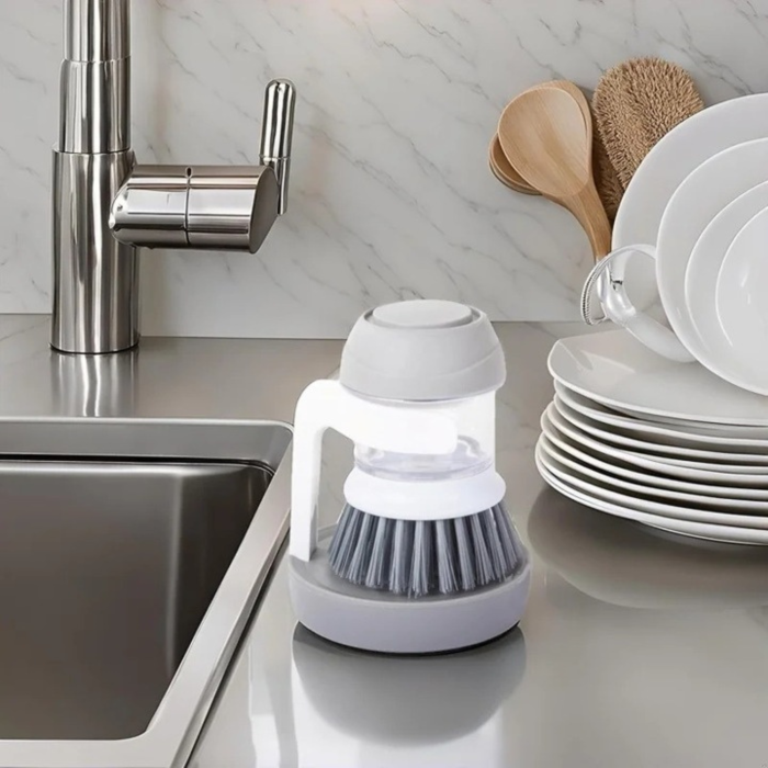 Perie pentru spalat vase VarioShop®, cu rezervor pentru detergent, universala, suport inclus, Gri [6]