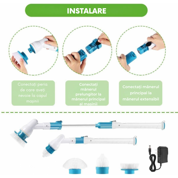 Perie rotativa electrica fara fir VarioShop®, 3 capete interschimbabile, mop curatare rosturi, gresie, faianta, calcar, maner extensibil 105 cm, baterie reincarcabila, 300 rotatii/min [5]
