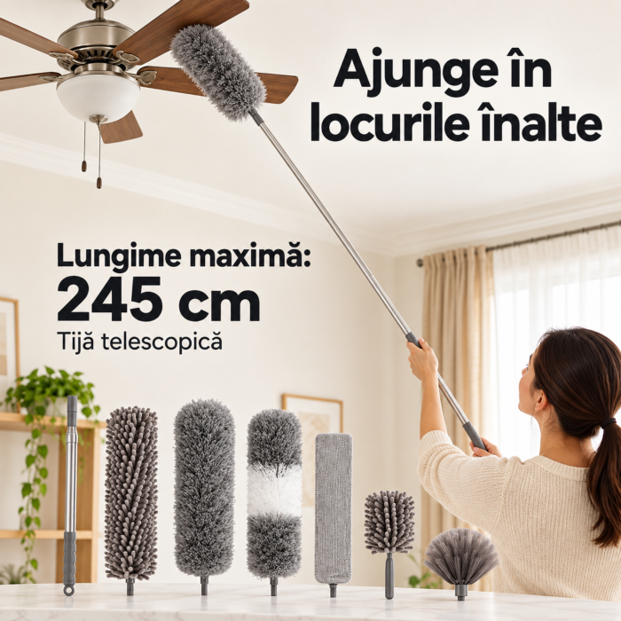 Pamatuf 6in1 VarioShop®, pentru curatat praful, pentru tavane, mobilier si spatii inguste, Reutilizabil Dupa Spalare, Extensibil Pana la 245 cm, Gri [2]