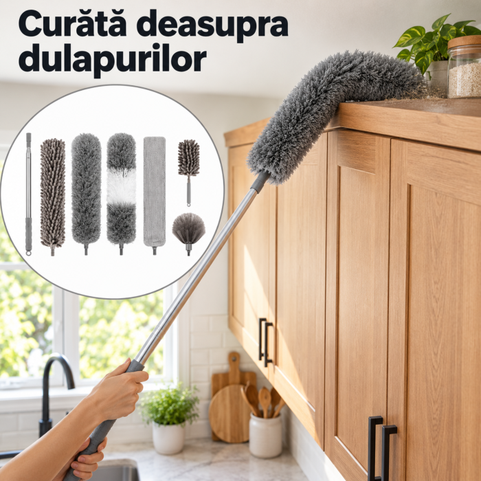 Pamatuf 6in1 VarioShop®, pentru curatat praful, pentru tavane, mobilier si spatii inguste, Reutilizabil Dupa Spalare, Extensibil Pana la 245 cm, Gri [3]