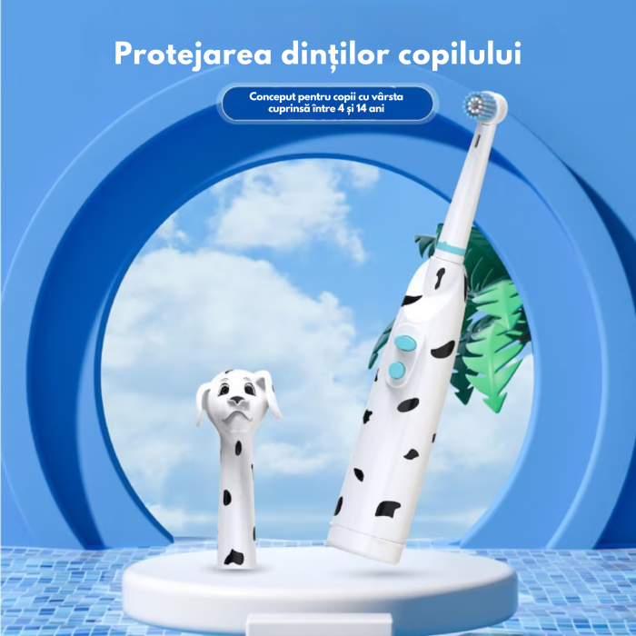 Periuta de dinti electrica pentru copii VarioShop®, cap rotativ, peri moi, rezistenta apa IPX5, design dalmatian, cu cap de rezerva si capac, functionare pe baterii  [2]