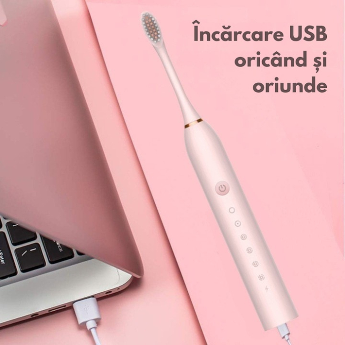 Periuta de dinti electrica sonica VarioShop®, cu 6 moduri de curatare, cronometru inteligent, 4 capete de schimb, husa de transport, incarcare USB, autonomie 60 de zile, 42000 vibratii/min [8]