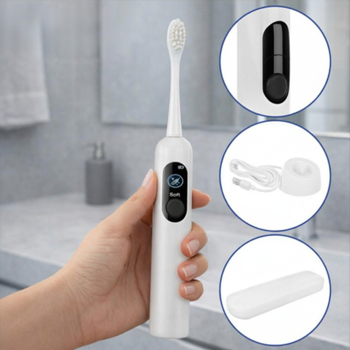 Periuta de dinti sonica electrica Varioshop alba 90.000 rpm, 6 moduri de periaj, incarcare inductiva, 6 capete incluse, baterie 1200 mAh, rezistenta la apa IPX7 [3]